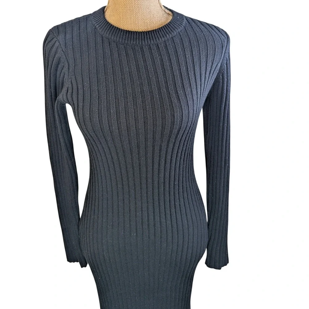 H&M Ribbed Knit Long Sleeve Midi Dress Boho Fringe‎ Bottom Black Whimsygoth  S - Picture 3 of 8